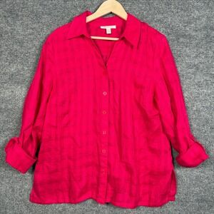 JM Collection Size 14 Shirt Blouse Bright Pink Linen Button Up Roll Tab Sleeves